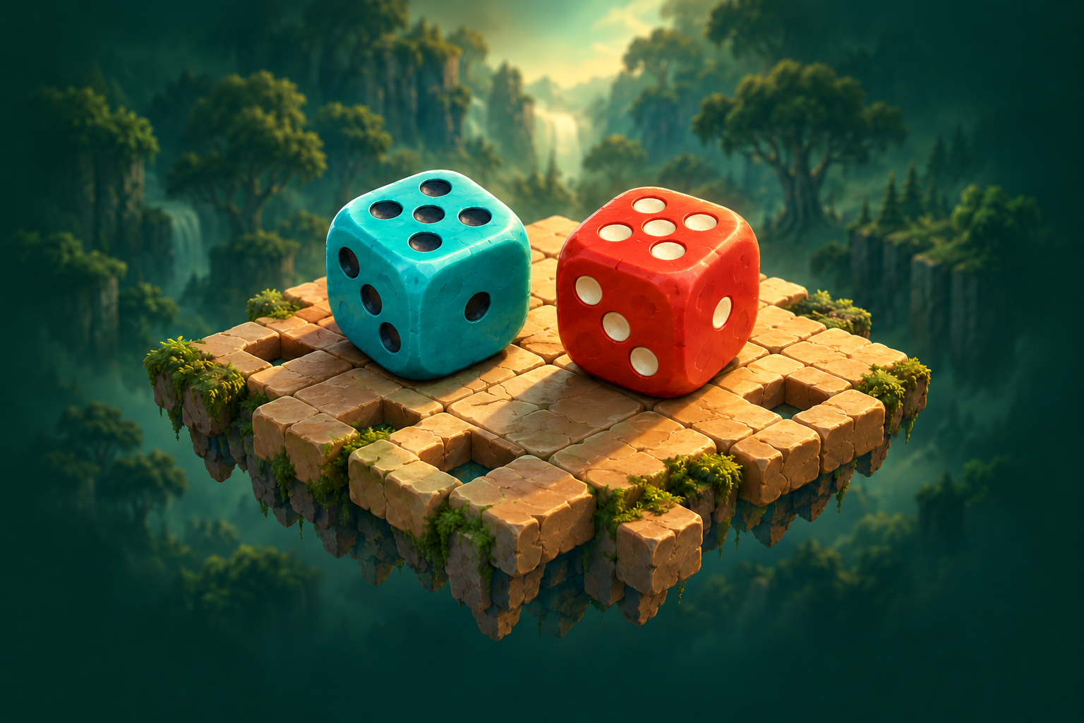 Coral and turquoise dice face off on a floating stone board in an enchanted forest
